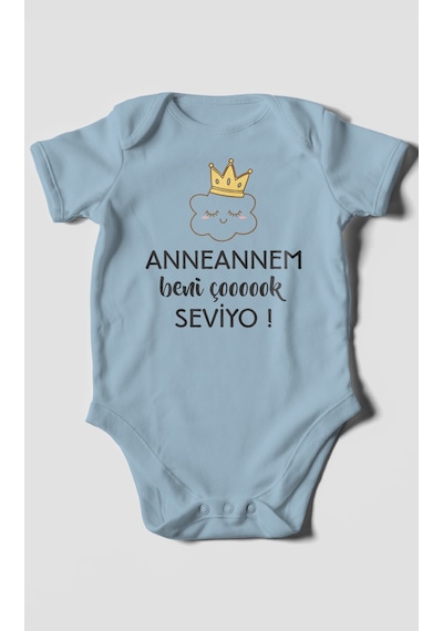 Anneannem Beni Çok Seviyo Baskılı Bebek Zıbını Çıtçıtlı Body %100 Pamuk Kısa Kol Bebe Mavisi