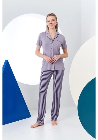 Pjs 24156 Kadın Çizgili Düğmeli Pijama Takım 001