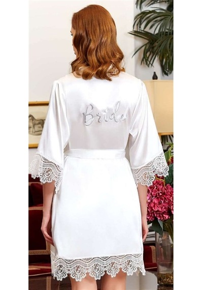 Jeremi 3213 Çeyizlik İpek Saten Dantelli Bride Sabahlık - Krem Krem
