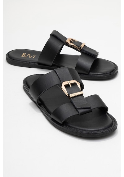 Luvishoes Luvi Shoes Sveta Siyah Cilt Tokalı Hakiki Deri Kadın Terlik Siyah