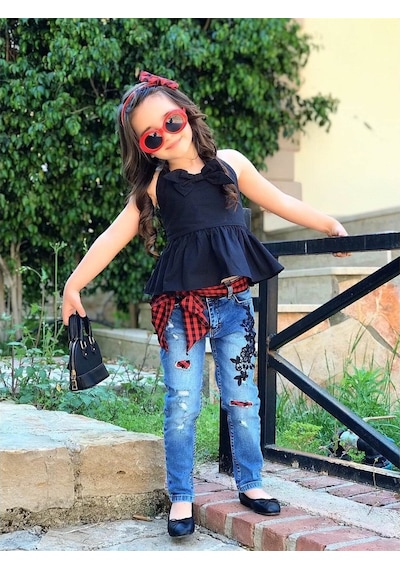 Quzucuk Kids Kız Çocuk Ekose Detaylı Pantolonlu Takım Çok Renkli