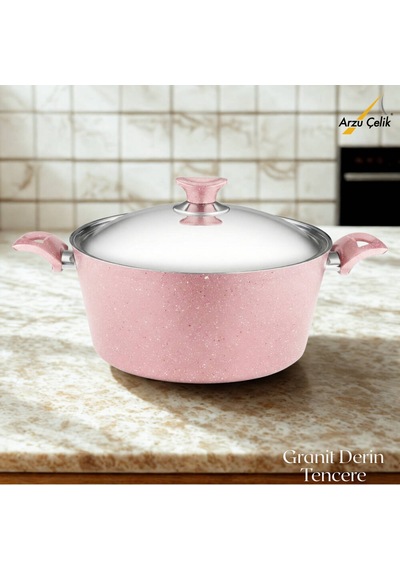 28 Cm Granit Derin Tencere Çelik Kapak - Pembe Pembe
