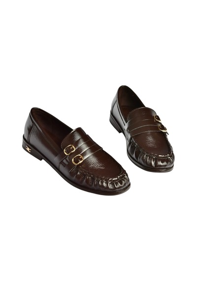 Fox Shoes Z820024208 Kahverengi Rugan Büzgü Detaylı Çift Tokalı Loafer Ayakkabı