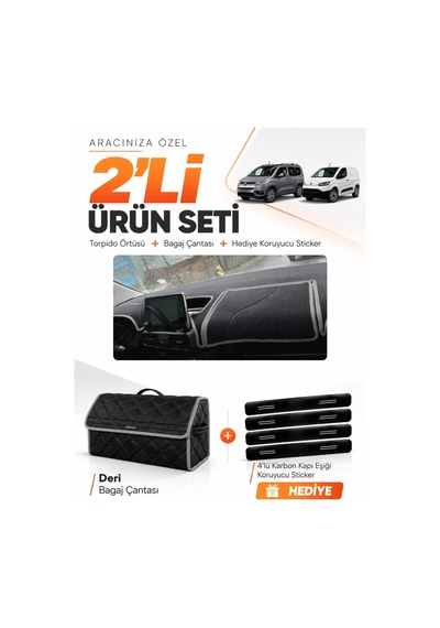 Toyota Proace Cıty 2020-2026 Uyumlu Torpido Örtüsü + Deri Bagaj Çantası + Sticker Seti - Siyah Gri