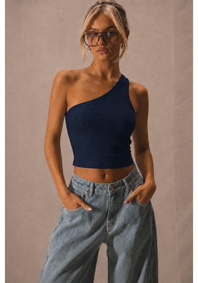 Tarz Cool Kadın Tek Omuz Crop Atlet Esnek Slim Fit Süprem Kumaş Asimetrik Yaka Bluz Lacivert