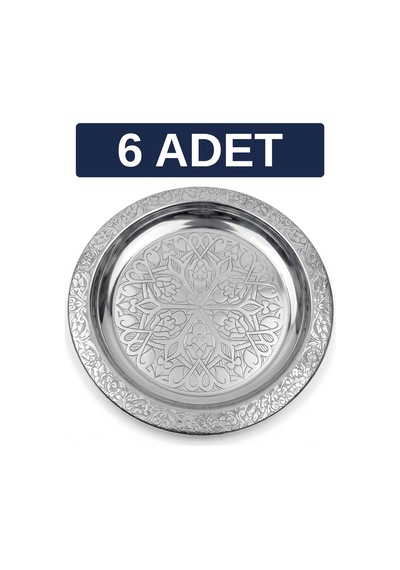 Binbir Trend 18 Cm İşlemeli Kenarlı Otantik Desenli Krom Çelik Meze Ve Servis Tabağı 6 Adet