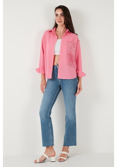 Lela Regular Fit Güpürlü Cep Detaylı Uzun Kollu Bayan Gömlek 6773215 Şeker Pembe