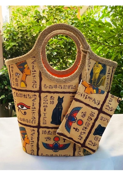 Etnik Mısır Jüt Hasır Plaj Çantası Hasır