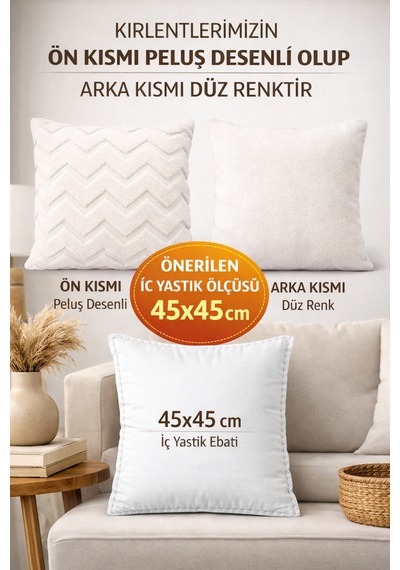 Peluş Dekoratif Kırlent Kılıfı İskandinav Zigzag-balıksırtı 4 Lü Set 42x42 Cm Krem