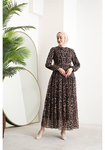 Neşeli Butik Kadın Kemerli Leopar Desenli Tesettür Şifon Elbise Sms014 Siyah