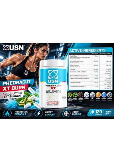 Usn Phedra Cut Xt Burn Multi Action Burner Yeşil Çay & Tirozin & Çinko & Krom 120 Caps Aromasız