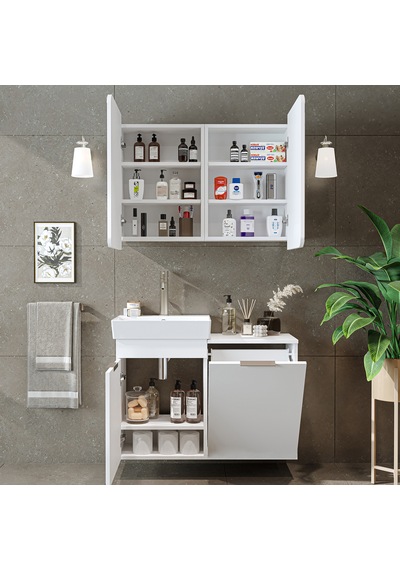 Dubai Sepetli Mdflam Banyo Dolabı, Lavabolu Banyo Alt Dolabı + Aynalı Banyo Üst Dolabı Takımı Beyaz