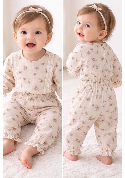 Babyhola Dantel Detaylı Çiçek Desenli Müslin Bayramlık Kız Bebek Takım Üst Ve Pantolon İkili Set 2009 Bej