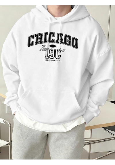 Startmore Tarzsokak Chicago Letter Yaratıcılık Baskılı Tişörtü Erkek Trendy Gevşek Spor Giyim Sıcak Temel Kapüşon Beyaz