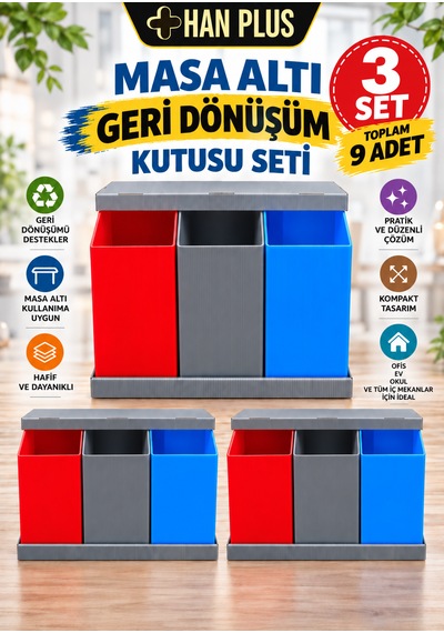 Han Plus Masa Altı, 3'lü Geri Dönüşüm Kutusu Seti -3 Takım + Online Sıfır Atıkeğitimi