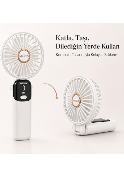Mkio Şarjlı El Vantilatörü 5 Kademeli, Katlanabilir Dijital Ekranlı Mini El Fanı, 1200 Mah, 5 Pervaneli Güçlü Hava Akışı, Standlı Masaüstü Fan, Usb Şarjlı -beyaz
