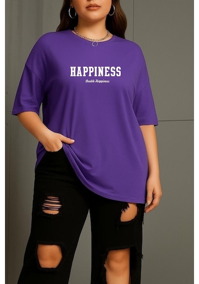 Büyük Beden Happıness Baskılı Unisex Tişört Mor