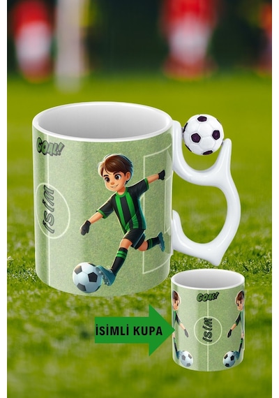 Siyah Beyaz Futbol Toplu Yeşil Siyah Forma Oyunculu Taraftar İsimli Baskılı Kupa Bardak Beyaz