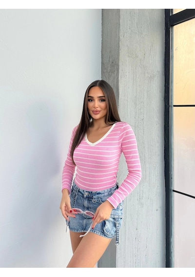 Defymoda V Yaka Çizgili Bluz Pembe A3699 Pembe