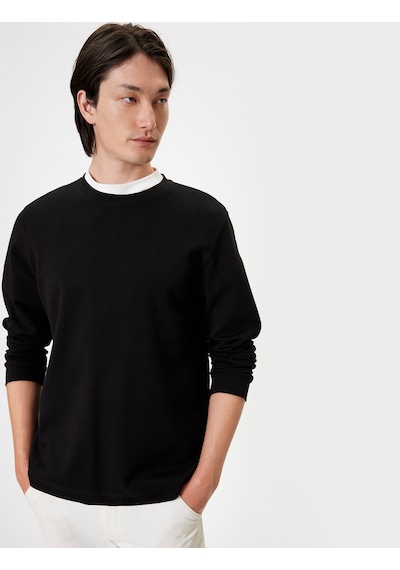 Koton Bisiklet Yaka Sweatshirt Basic Uzun Kollu Pamuklu İnterlok Kumaş Siyah 5wam70095mk Siyah