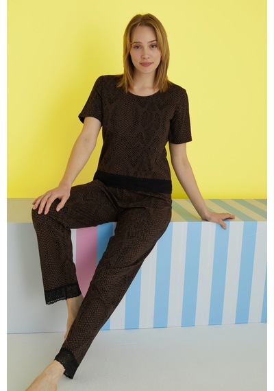 Siyah İnci Pamuklu Örme Pijama Takım 24113194 Çok Renkli