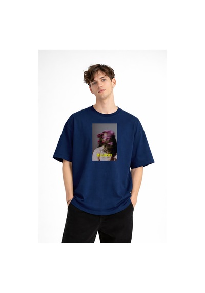 Misa Tahtakale Blurry - Oversize Erkek Tişört Koyu Mavi Çok Renkli