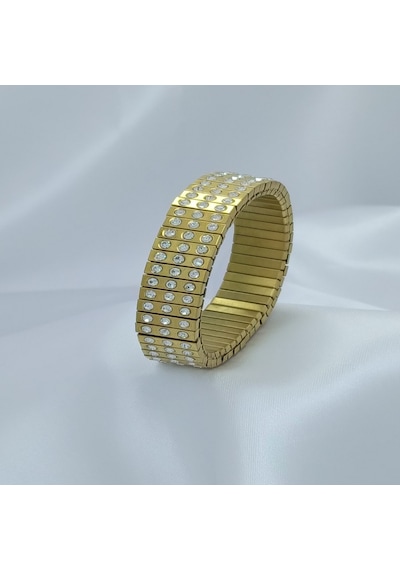 Yeni Sezon Vip Özel Seri Paslanmaz Çelik Esnek 3 Sıra Taşlı Altın Kaplama Kadın Bileklik Gold