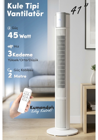 7go 7gtf2 41 İnç Kule Tipi Vantilatör Beyaz 45w Turbo Force, Uzaktan Kumandalı, Sessiz, Zaman Ayar