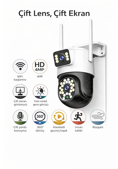 4mp Dual Kamera 360 Wifi Ip Kamera Renkli Gece Görüşlü, İnsan Takipli, Dış Mekan Güvenlik Kamerası