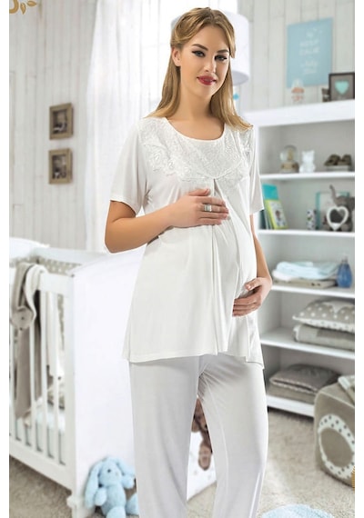 Sistina Ekru - 953 - Hamile Lohusa Pijama Takımı - 1606 - - Csmo-tex - Beden M Beyaz