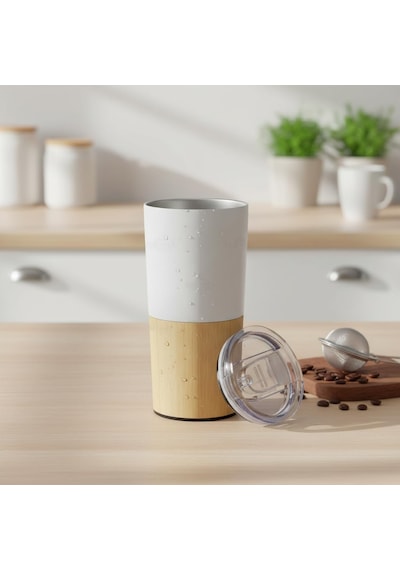 600 Ml Bambu Tabanlı Çelik Termos Mug - 5 Farklı Renk Seçenekli Sıcak Ve Soğuk Tutucu Seyahat Bardağı Beyaz Çok Renkli