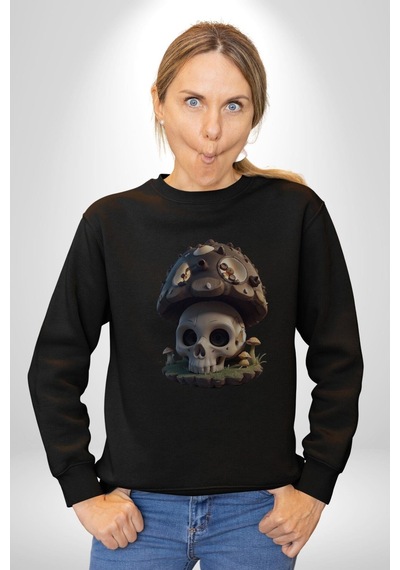 Kurukafa Mantar Ev Unisex Siyah Baskılı Sweatshirt Siyah