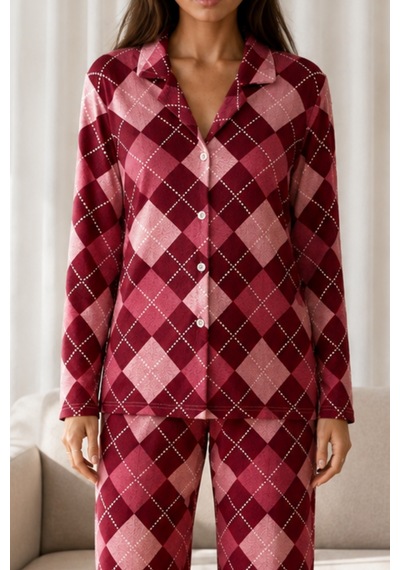 Kadın Desenli Basic Kış Kırmızı Pijama Takımı