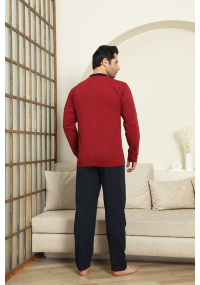 Enisena Erkek %100 Pamuklu Pijama Takımı-robalı Ve 3 Düğmeli-12489 Bordo
