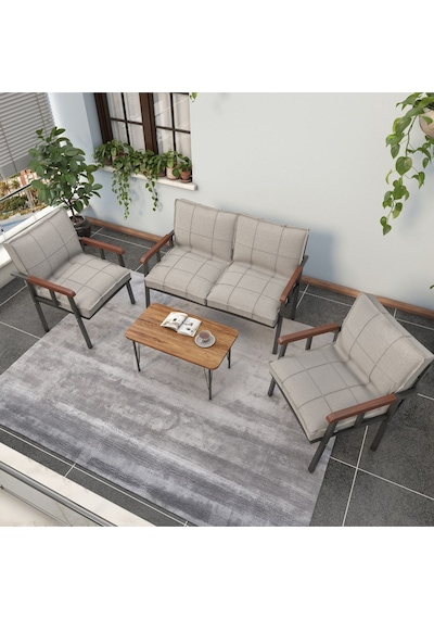 Mygusi Modern Balkon, Bahçe, Cafe - Metal Kanepe Koltuk Takımı - 2 1 1 Sehbalı Krem