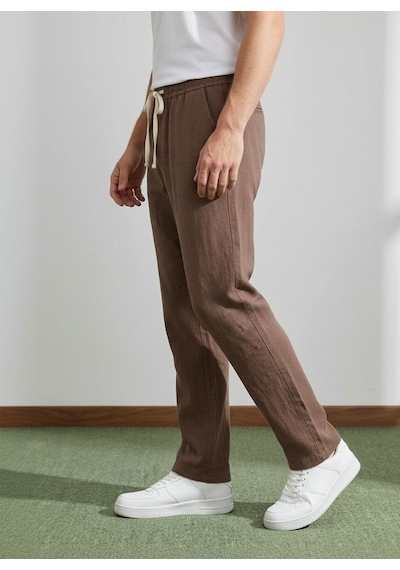 Danger Erkek Baggy Kalıp Beli Lastikli Pamuk Keten Görünümlü Pantolon Kahverengi 1007dngr