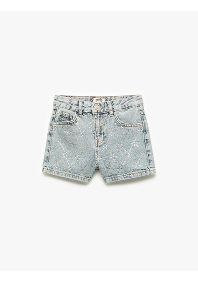 Koton Pamuklu Slim Fit Taş Detaylı Denim Şort Lıght Indıgo 5skg40146ad Açık Mavi