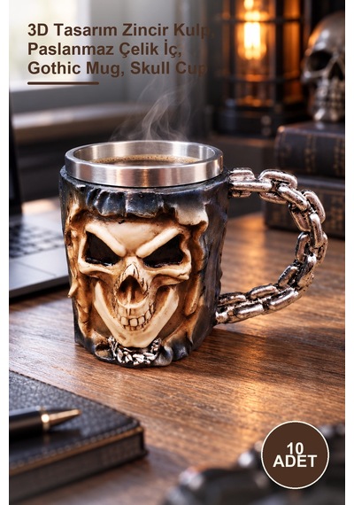 10 Adet 3d Kurukafa Kupa Bardak 3d Tasarım Zincir Kulp, Paslanmaz Çelik İç, Gothic Mug, Skull Cup