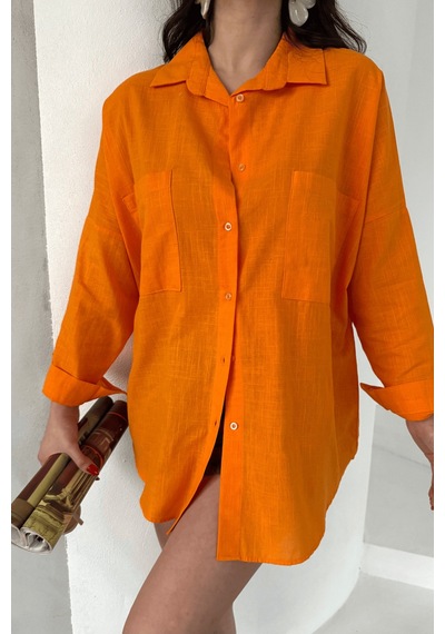Paw Garage Kadın Harper Çift Cepli Oversize Keten Gömlek, 2025 Summer Collection Turuncu