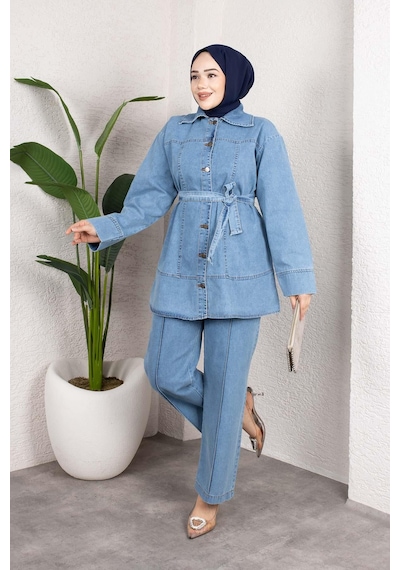 Misskayle Kuşaklı Düğmeli Denim Takım Rahat Kesim İkili Kombin Buz Mavisi Buzmavi