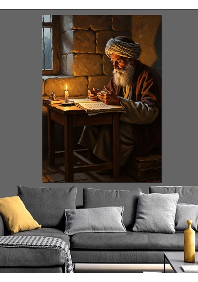 Ahşap Tablo Mum Işığında Yazı Yazan Alim