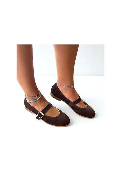 Ne&ve Shoes Kahve Süet Hakiki Deri Yuvarlak Burunlu Tokalı Kadın Babet Kahverengi