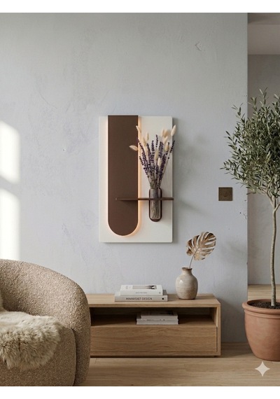Okaliptus Ahşap Pilli Ledli İskandinav Tarzı Salon Duvar Rafı Modern Çiçeklik 40 X 70 Cm Paris Grisi - Ahşap Ceviz
