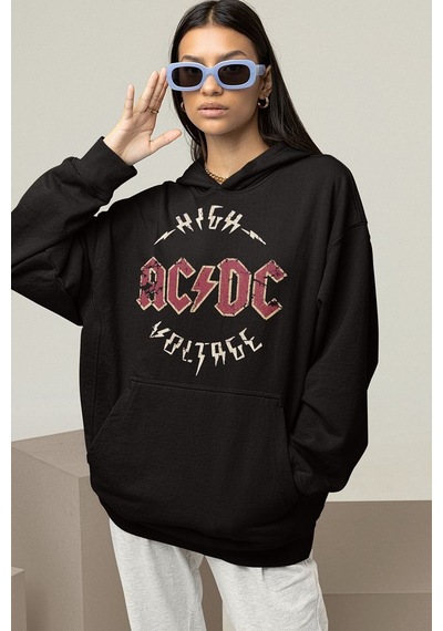 Sevbano High Ac Dc Voltage Yazılı Unisex Oversize Rock Metal Hoodie Siyah
