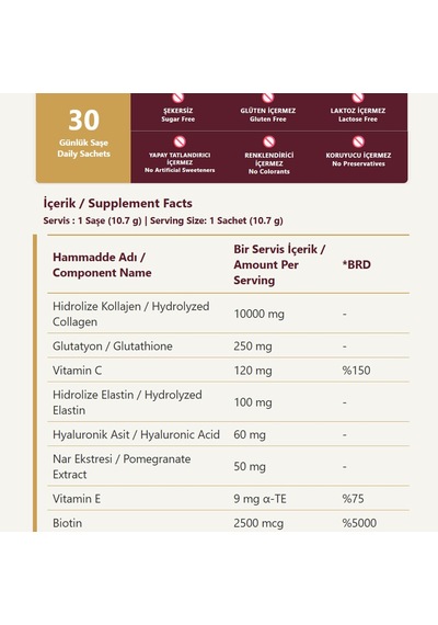 Tr Gloréalité Tip 1 & 3 Hidrolize Kolajen Peptitleri, Hiyalüronik Asit, Glutatyon, Elastin, C Vitamini Takviye Edici