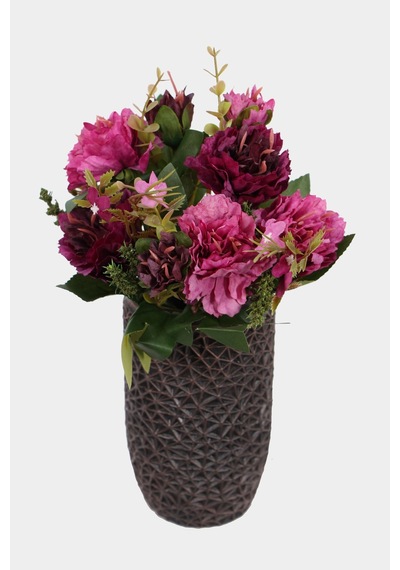 Lüx Beton Retro Tombul Vazoda Yapay Kasımpatı Tanzimi 25 Cm Mürdüm-pembe