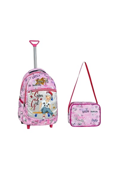 Çekçekli İlkokul Ortaokul Kız Çocuk Okul Çantası Sırt Çantası Beslenme Çantalı 2li Set Süper Girl Pembe Çanta Pembe Gri