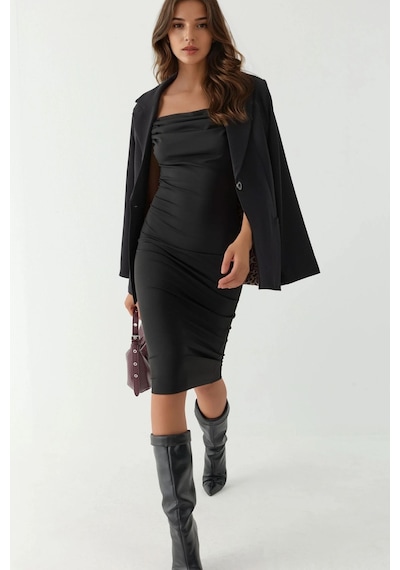 Hiccup Degaje Yaka Bodycon Midi Elbise Siyah