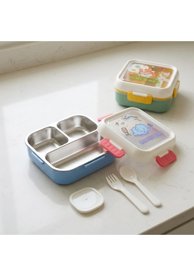 Paslanmaz Çelik 3 Bölmeli Kilitli Yemek Kabı 2000 Ml, Çatal Kaşık Dahil Renkli Desenli Lunch Box, Çelik İç Hazneli Saklama Ve Taşıma Kabı