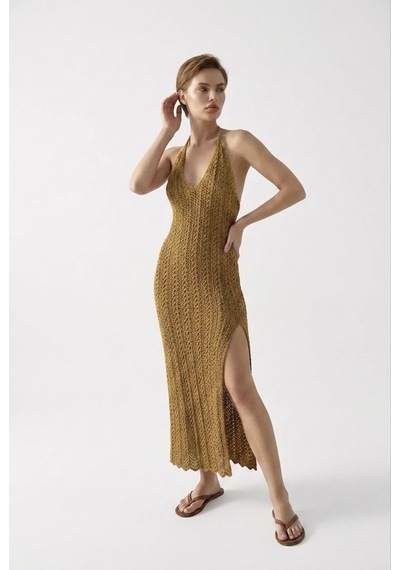 Neden Tekstil Beachwear Boyundan Bağlamalı Ajurlu Triko Plaj Elbisesi - Hardal